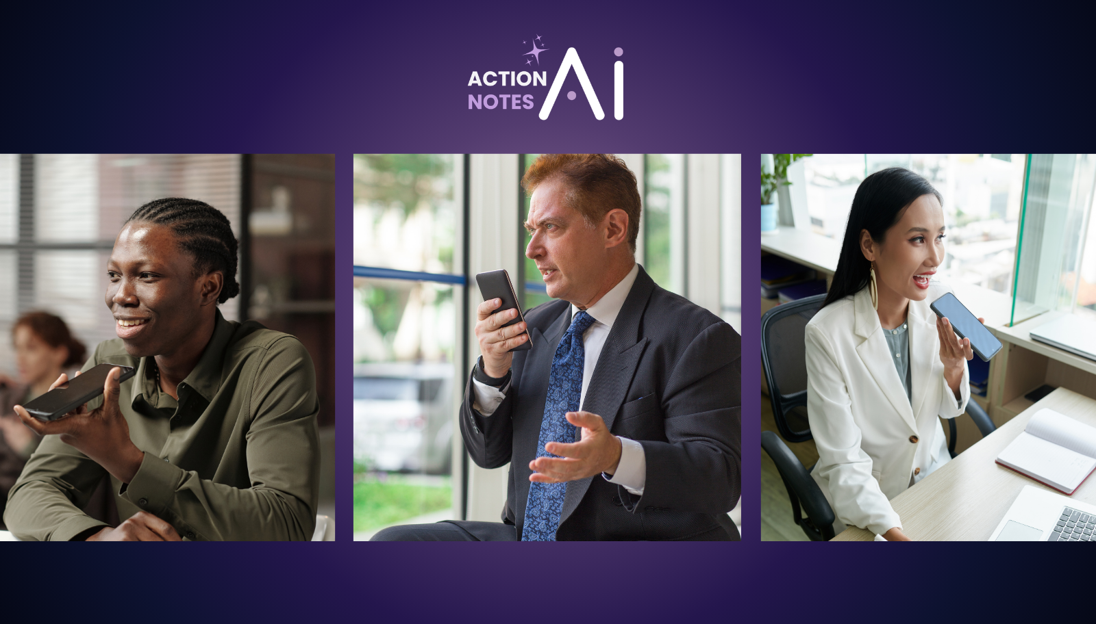 Business professionals using ActionNotes with Salesforce and StubHub integrations to capture conference conversations and automate CRM follow-ups.